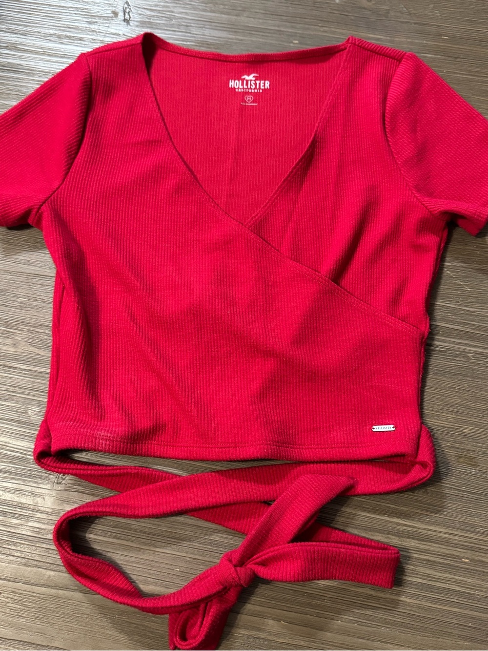 Hollister Red Ribbed Wrap Crop Top with Tie